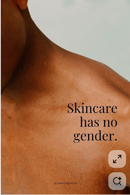 Water droplets on bare shoulders beside the words: skincare has no gender
